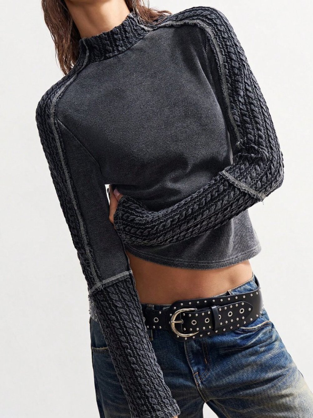 Black Casual Women's Cable-knit Stand Collar Raglan Long Sleeve T-Shirt - Picture 2 of 10